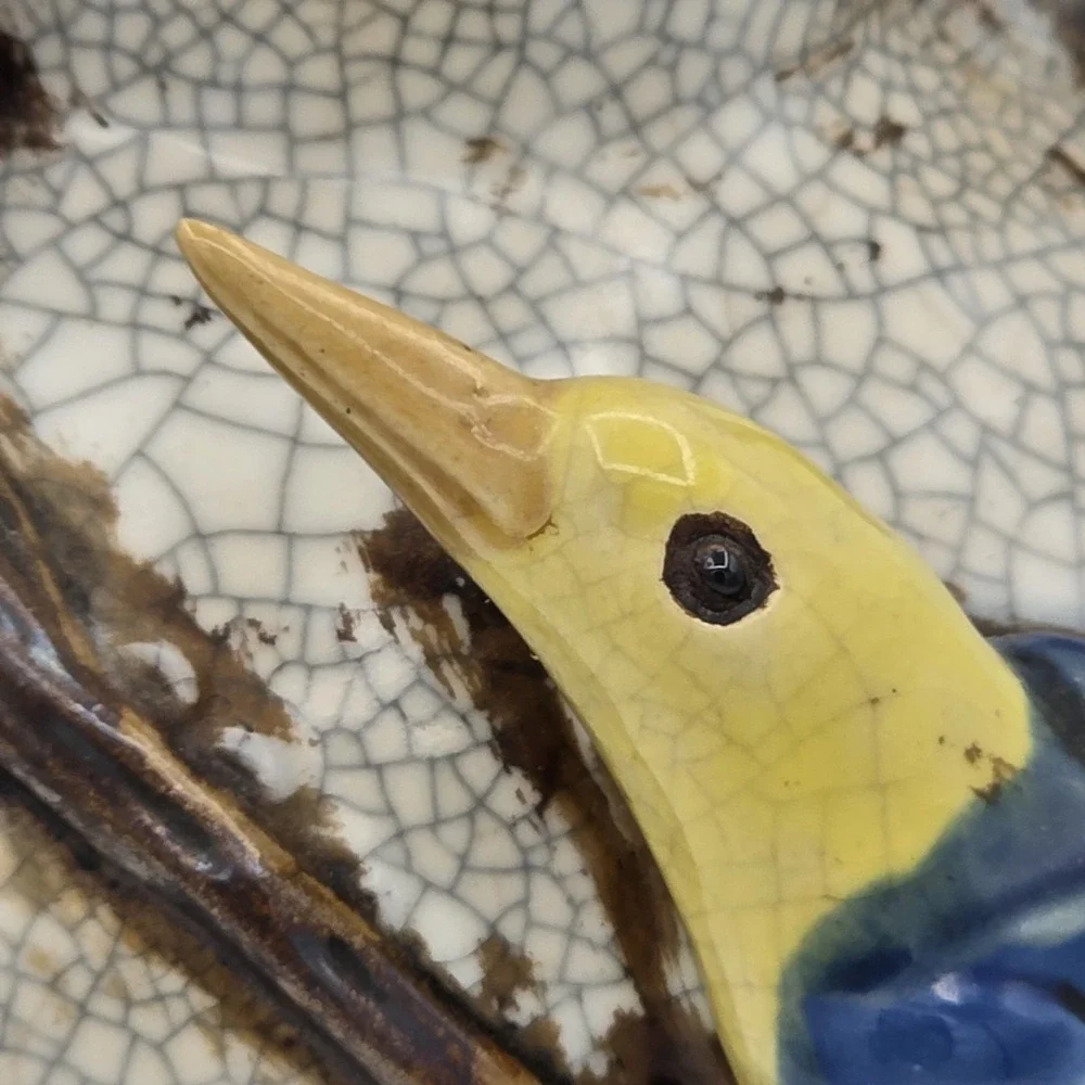 Antique French Barbotine Craquelure Ceramic‎ Vase Bird Olive Branch 19th-20th C